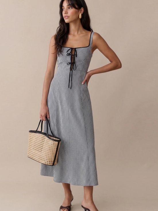 Few Moda Dresses & Skirts - O.P.T. Babette Gingham Tie-Front Midi Dress in Black & White